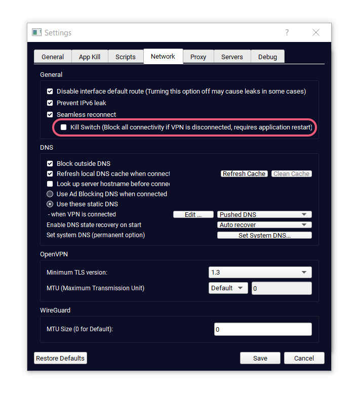 TorGuard’s kill switch can be found under Network in Settings