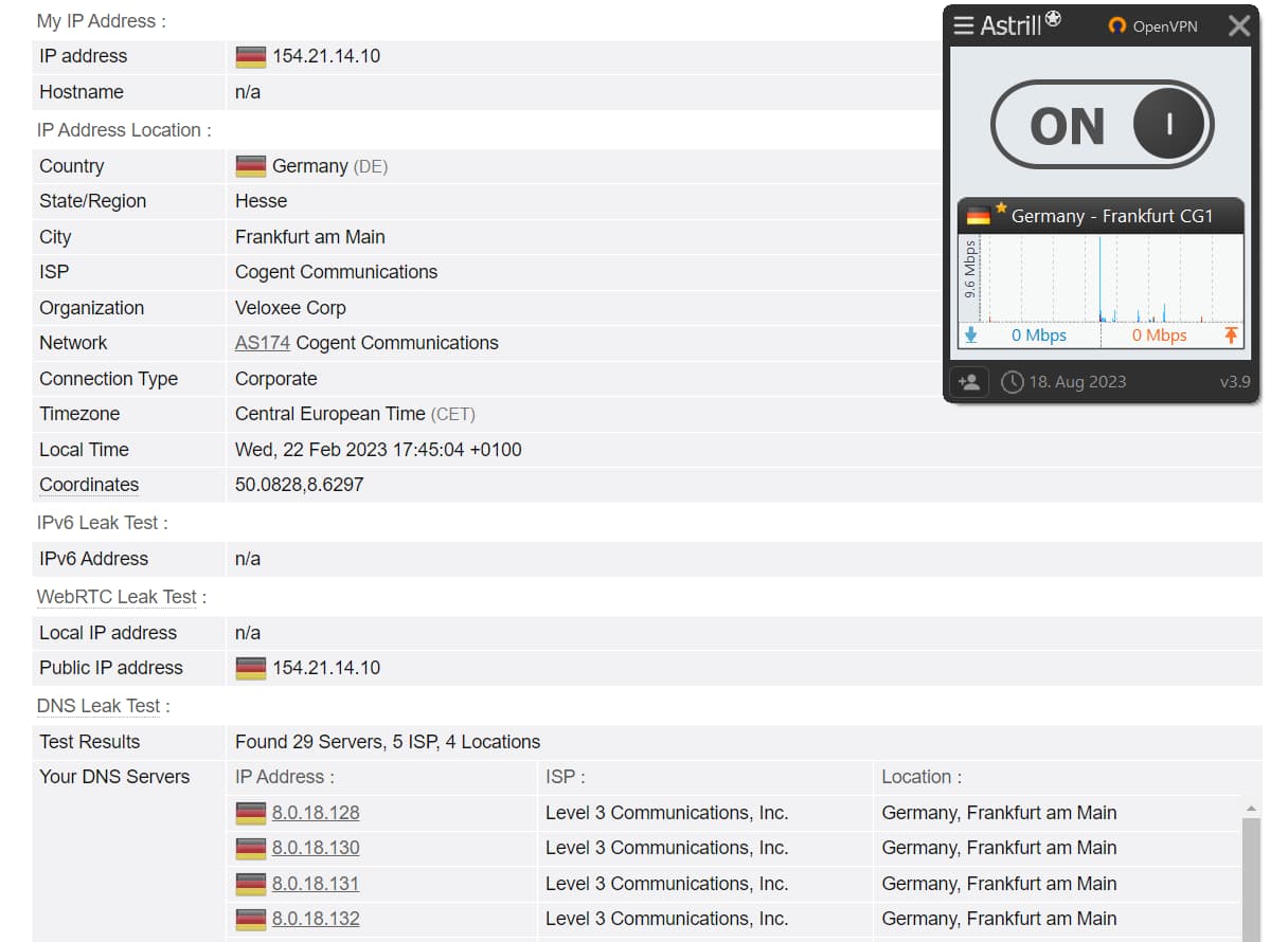 Astrill VPN didn’t leak our IP address, WebRTC, or DNS. Astrill VPN didn’t leak our IP address, WebRTC, or DNS.