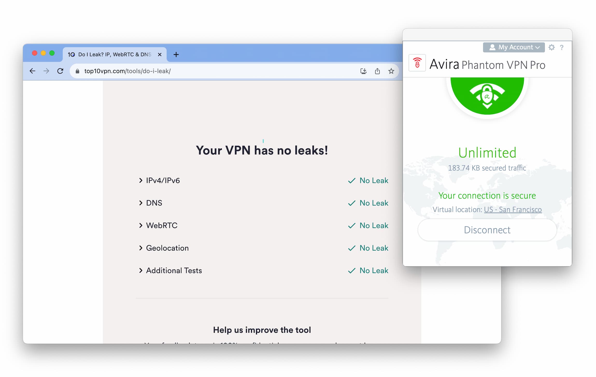 no IP, DNS, or WebRTC leaks when testing Avira Phantom VPN