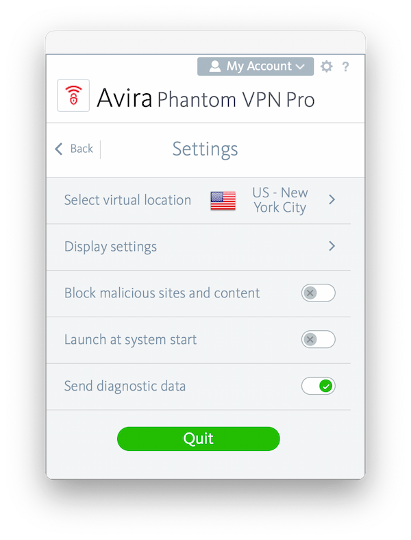 Avira Phantom VPN Pro’s security settings menu