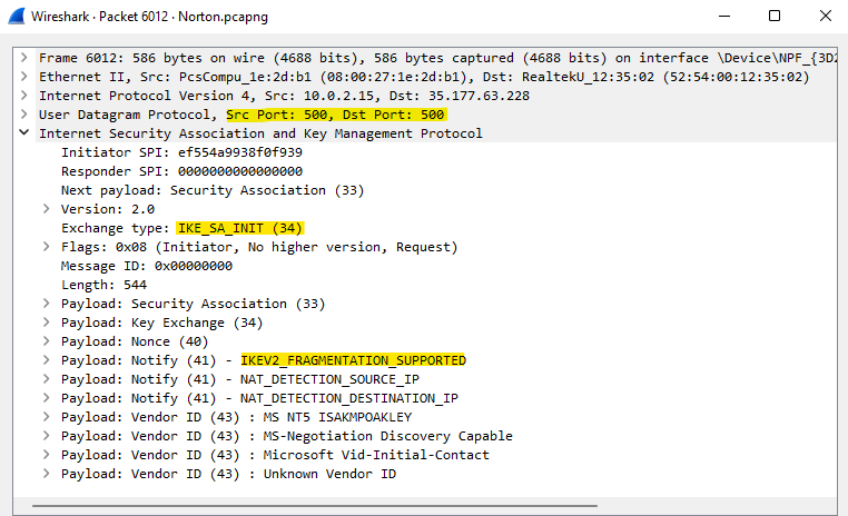Inspecting our Norton VPN traffic using Wireshark
