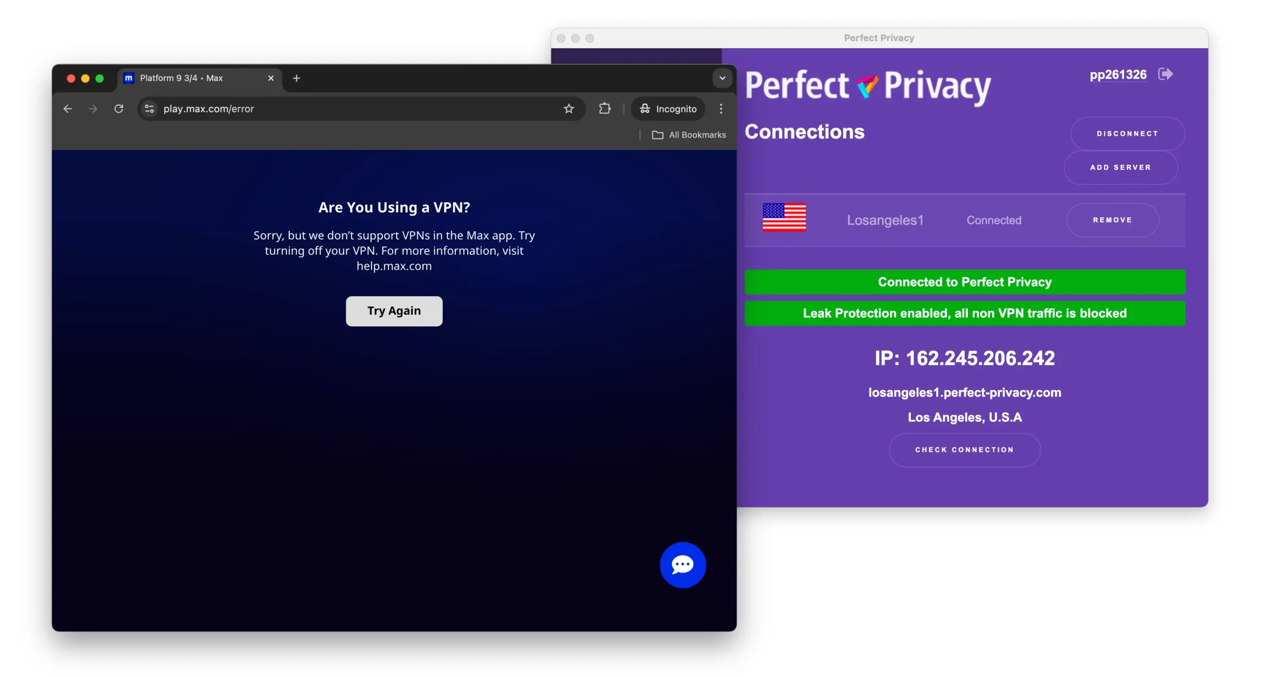Perfect Privacy was often detected and blocked by Max