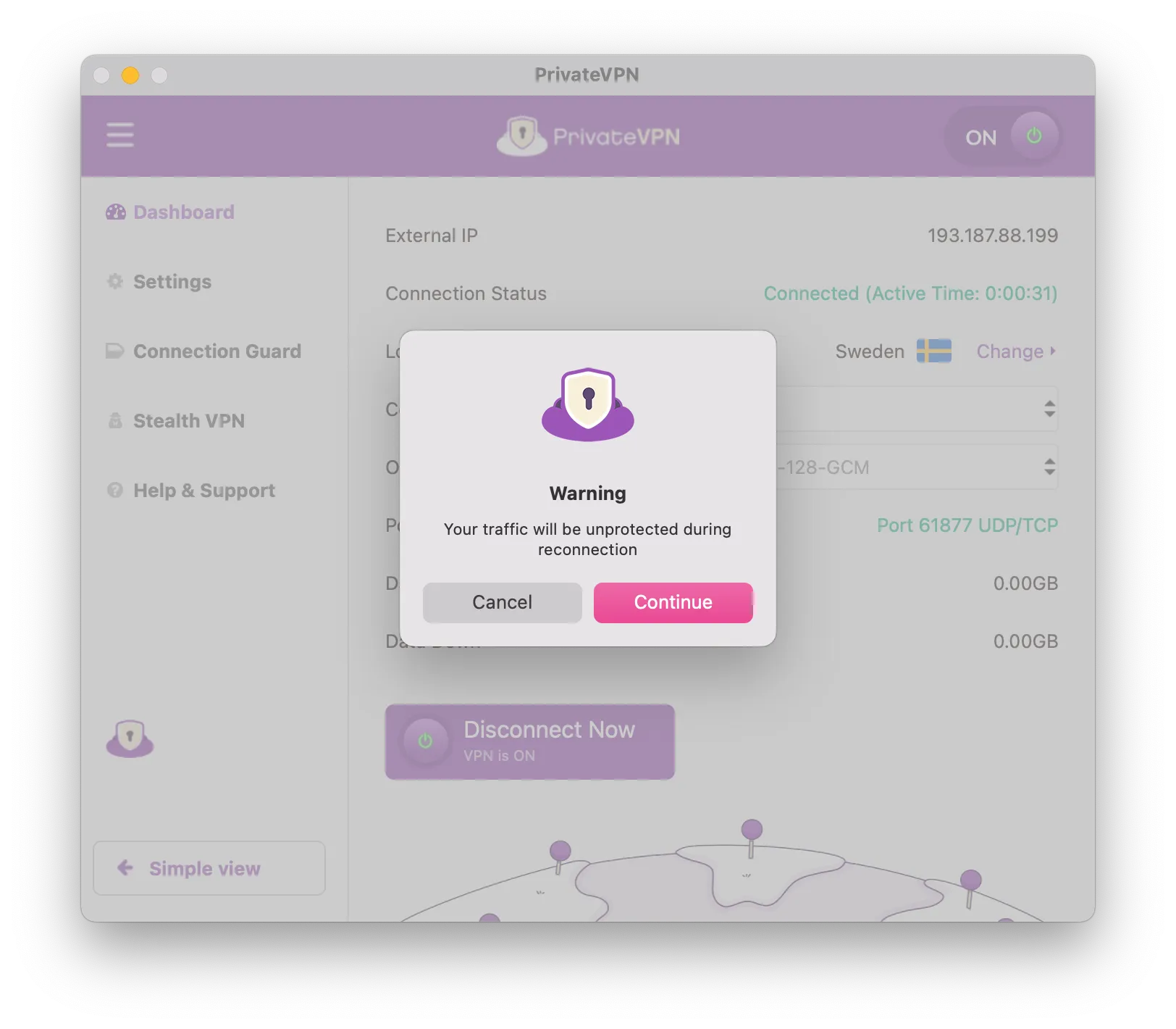 PrivateVPN warns users their traffic will be unprotected when switching servers
