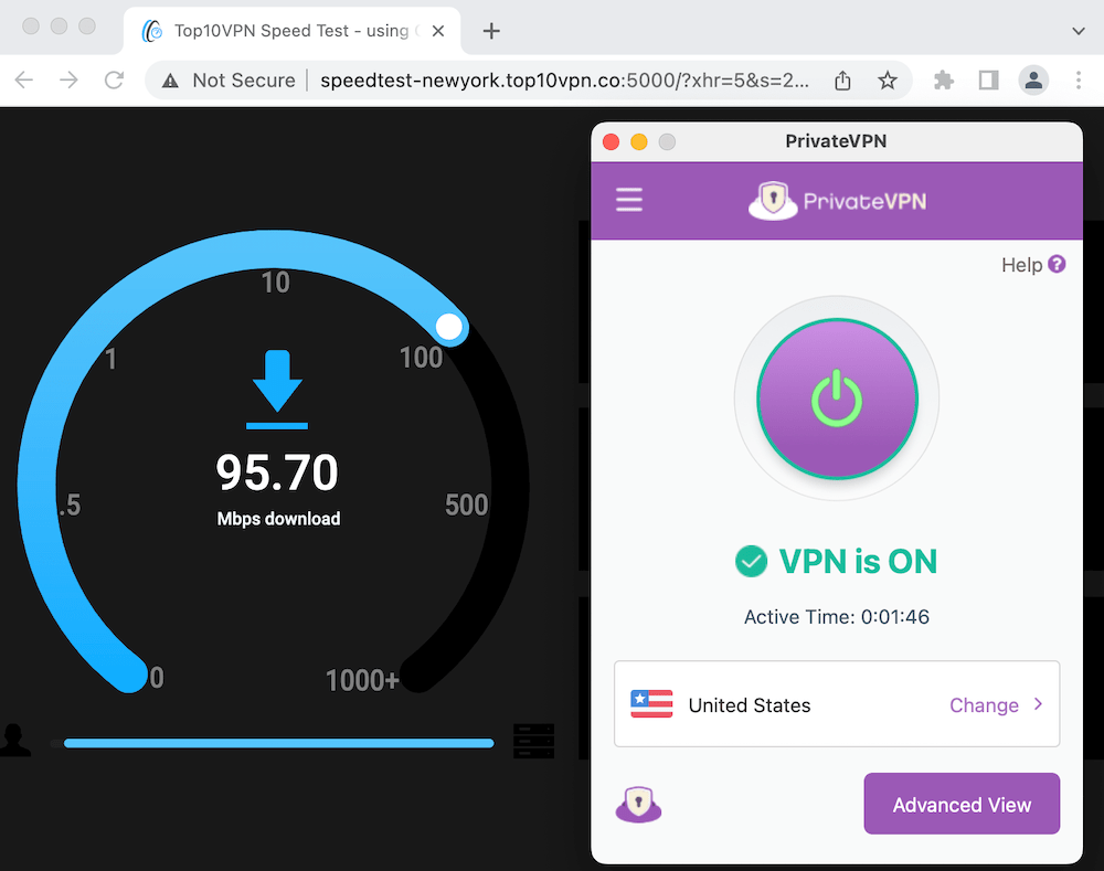 PrivateVPN is fast on nearby servers