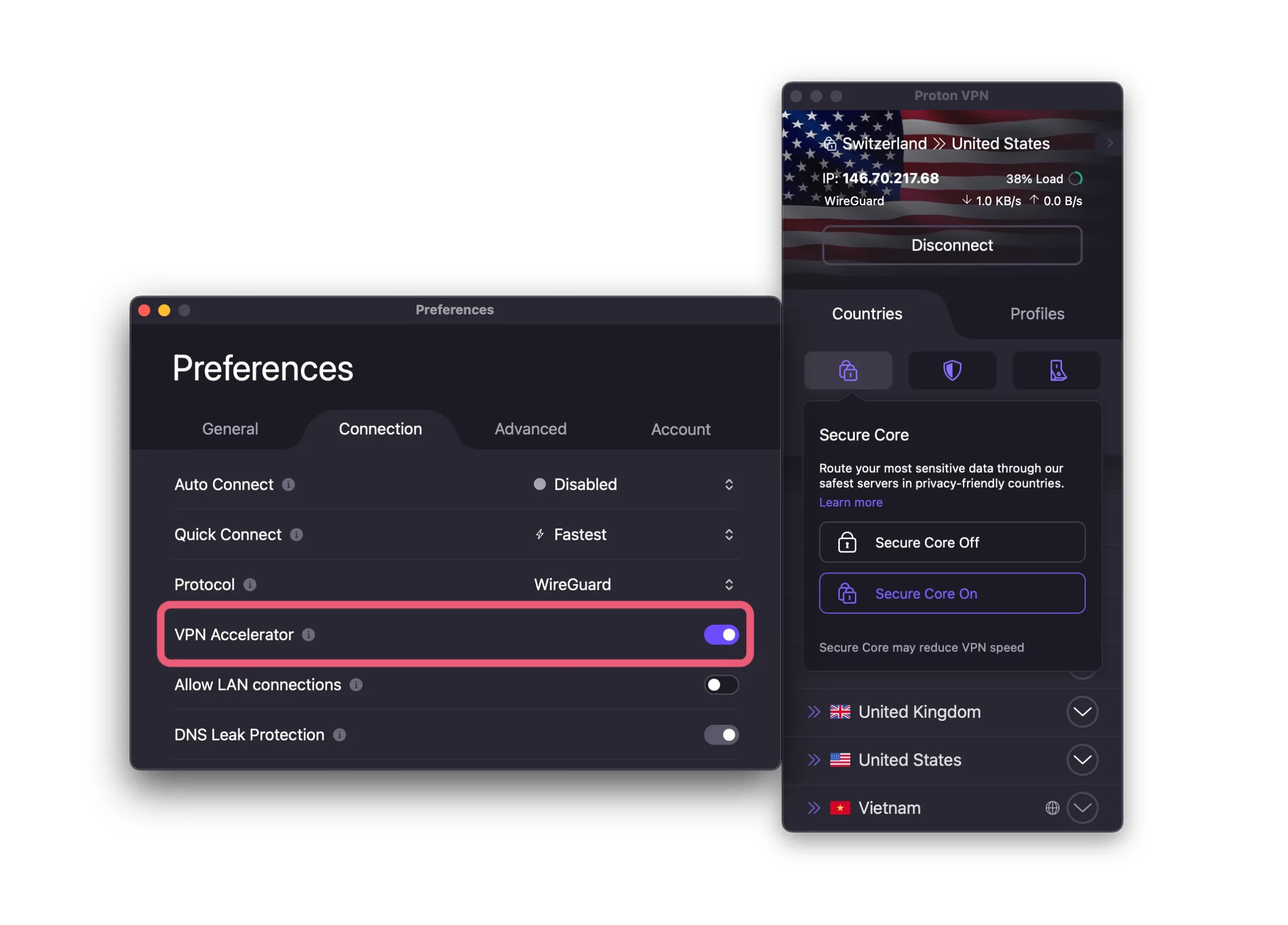 toggling on the VPN Accelerator in Settings toggling on the VPN Accelerator in Settings
