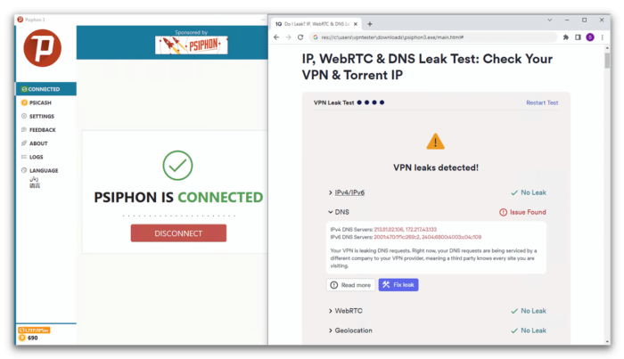Psiphon VPN leaked DNS requests Psiphon VPN leaked DNS requests