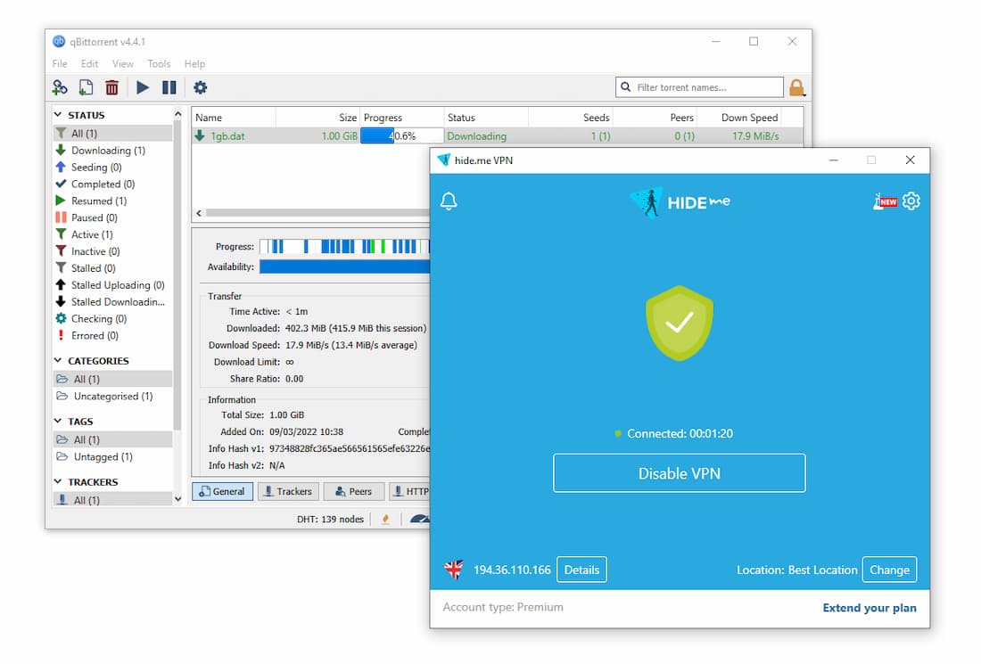 Hide.me Premium downloads files quickly on torrent clients