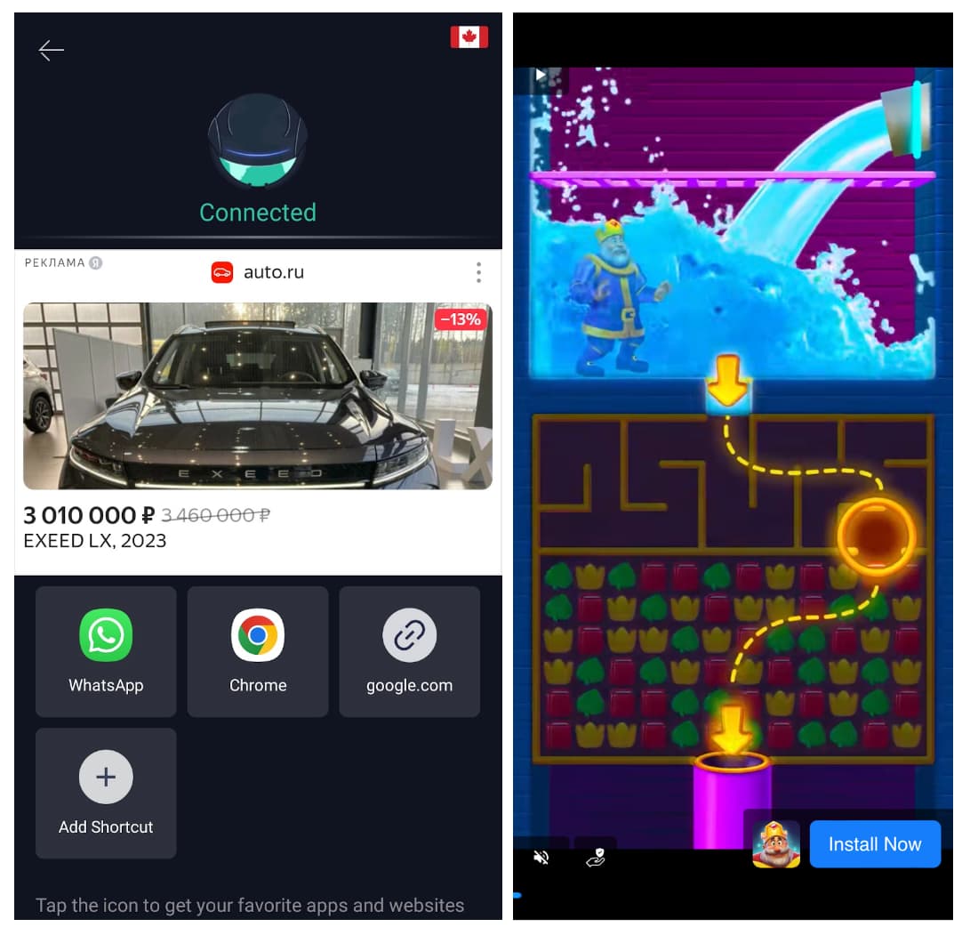 VPN Proxy Master Free on Android (left) and iOS (right) have a ton of ads VPN Proxy Master Free on Android (left) and iOS (right) have a ton of ads