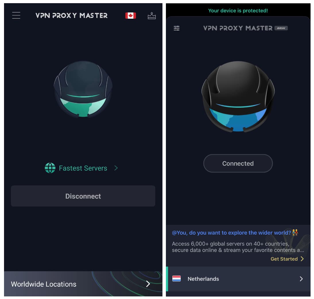 VPN Proxy Master on Android (left) and iOS (right) VPN Proxy Master on Android (left) and iOS (right)