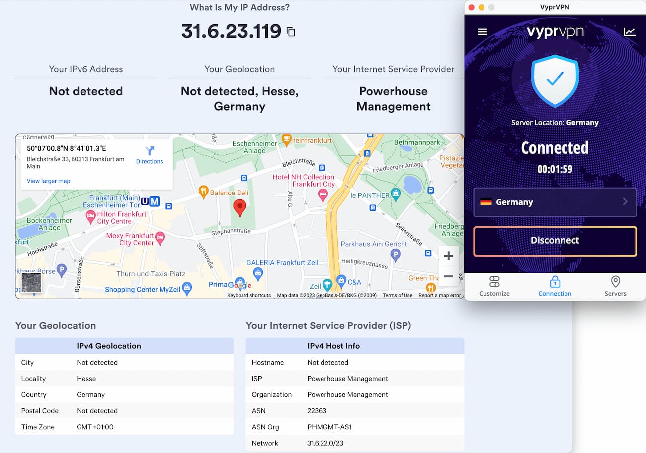 On macOS, VyprVPN successfully masked our IP address