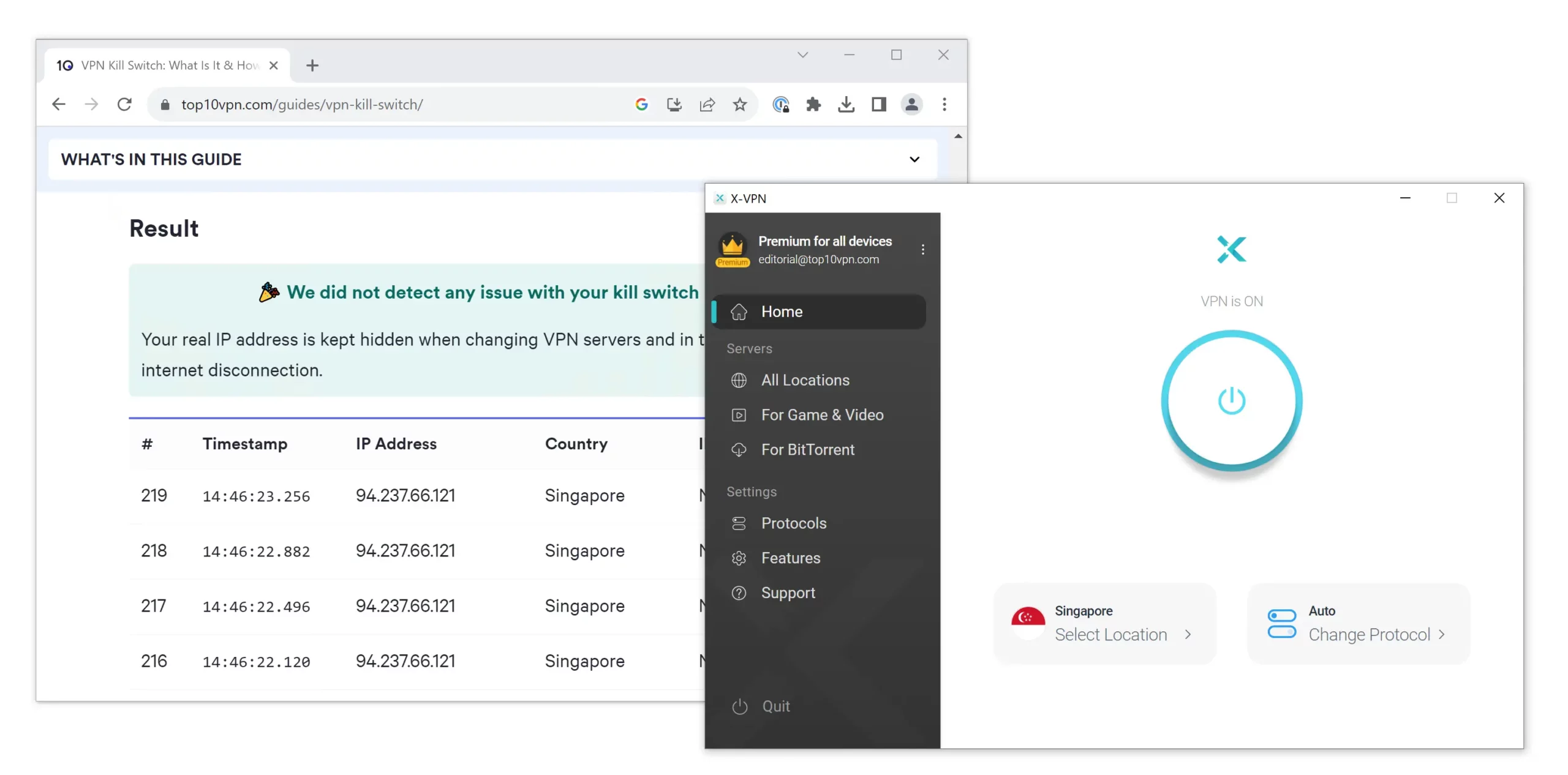 X-VPN’s kill switch never leaked our real IP address
