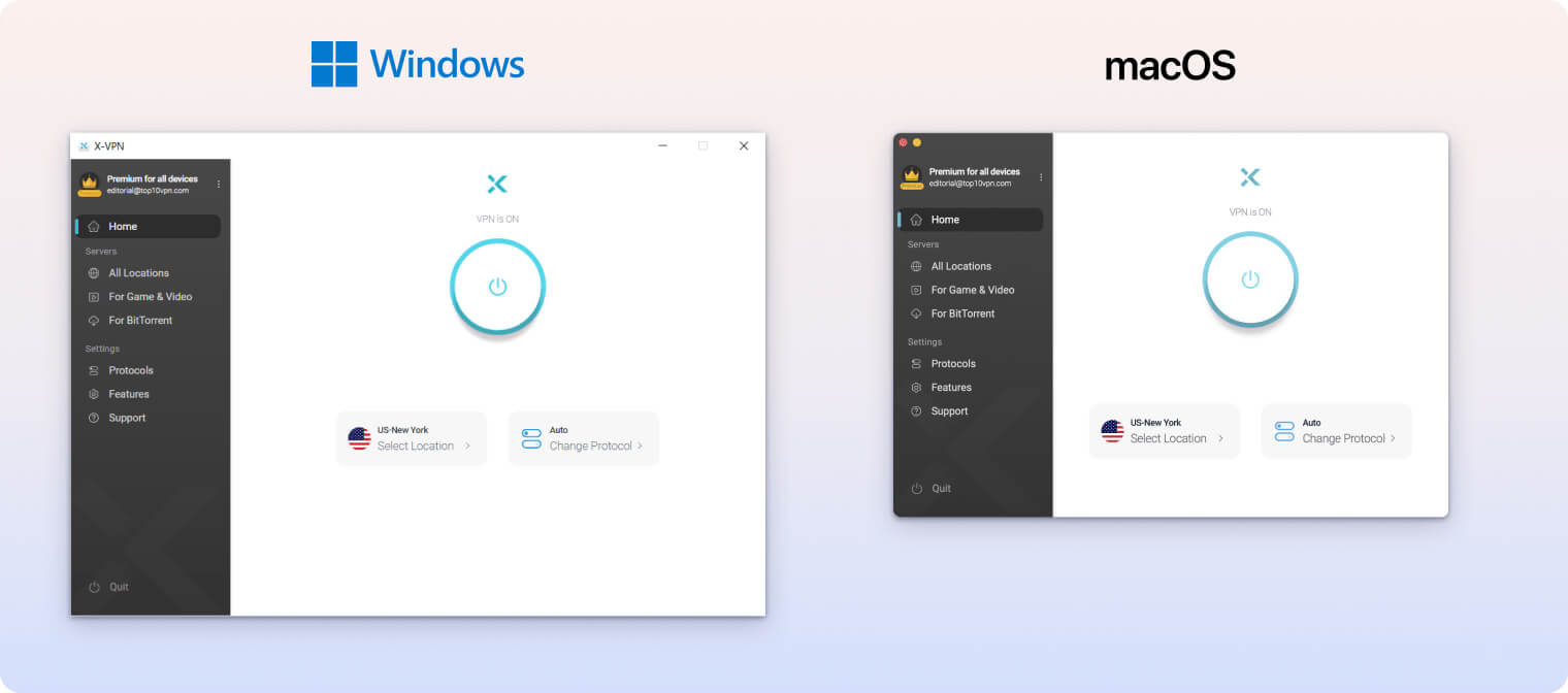 X-VPN is identical on Windows and macOS