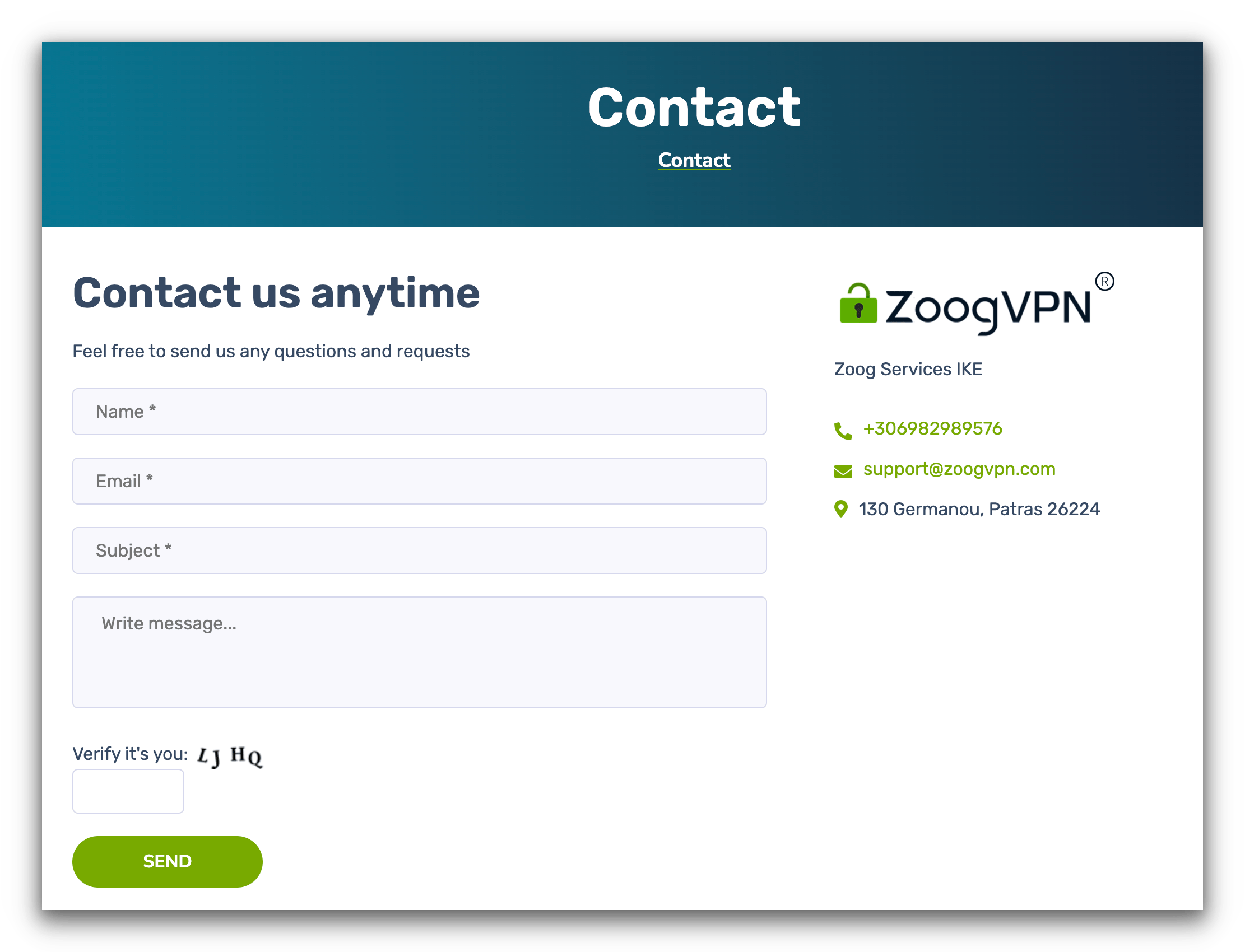 ZoogVPN’s website contact page