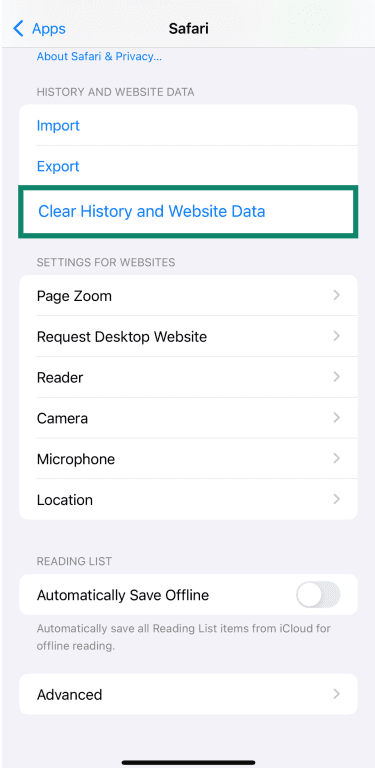 Clear History and Website Data