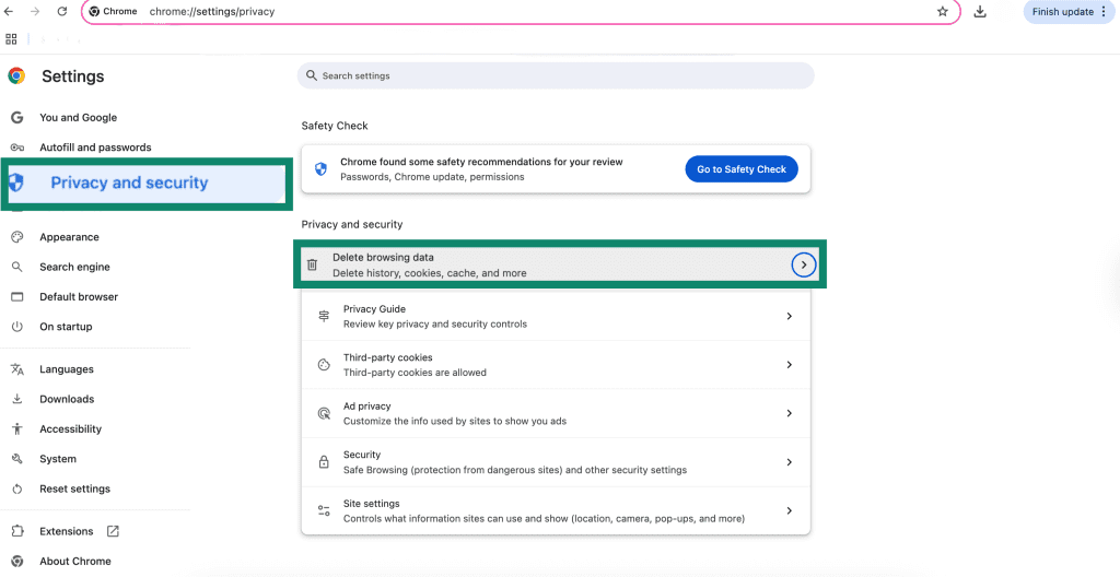 Delete browsing data on Chrome
